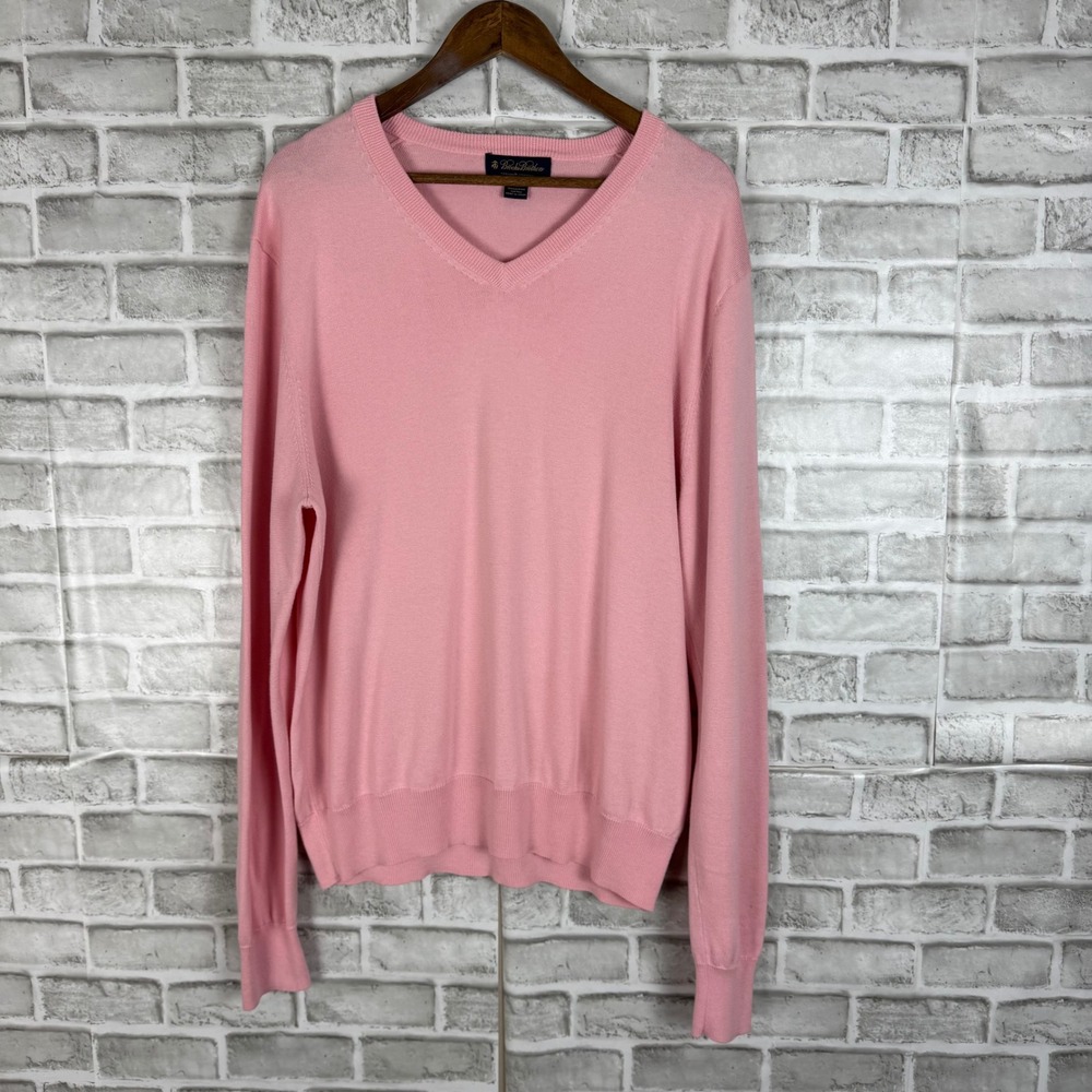 Brooks Brothers Mens Pink Supima Cotton V-Neck Sweater Size Large Classic Knit